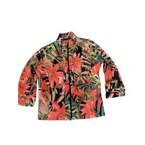 Toni Morgan Jacket Shiny Floral Orange Black Multi Zip Front 3/4 Sleeve Size M